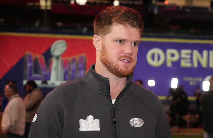Feb 5, 2024; Las Vegas, NV, USA; San Francisco 49ers quarterback Sam Darnold (14) is interviewed during Super Bowl LVIII Opening Night at Allegiant Stadium.